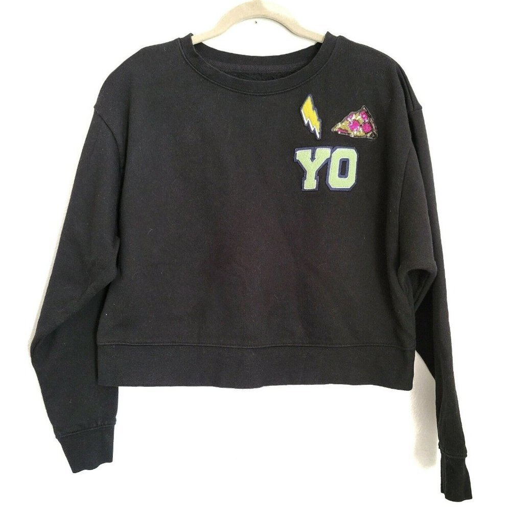 Mossimo Cropped Sweatshirt L Large Black Sequins Pizza